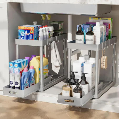 Miniatura 8 de Paquete de 2 organizadores de almacenamiento extraíbles, organizador para debajo del fregadero y almacenamiento para baño y cocina, organizadores