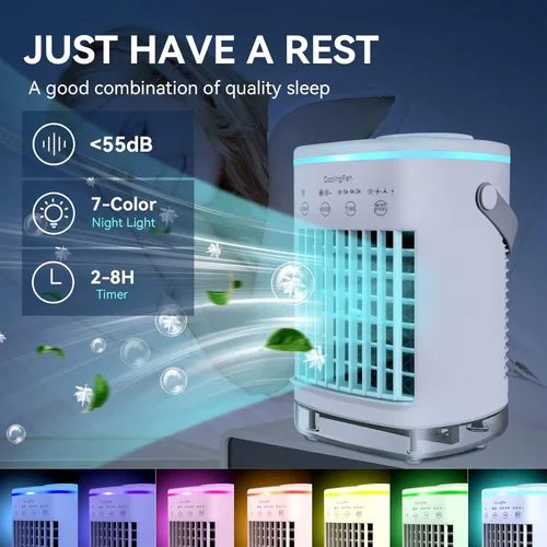 Miniatura 5 de Aire acondicionado portátil, enfriador de aire evaporativo personal con 4 velocidades de viento y luz LED, relleno superior de 23.7 fl oz, mini aire