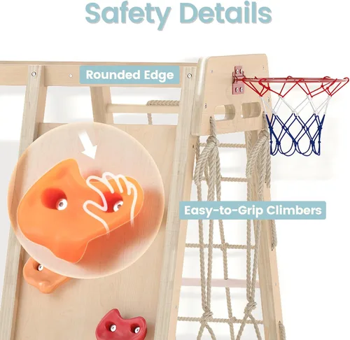 Miniatura 8 de OLAKIDS Gimnasio de la selva para interiores, juguetes Montessori de madera para escalada para bebés 9 en 1 con rampa ajustable de 2 columpios, red