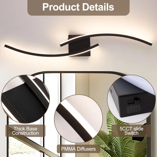 Miniatura 4 de Aplique de Pared Moderno Cableado, Luces LED de Pared Modernas de 4000K para Sala de Estar de 31.5 Pulgadas, Accesorios de Luz de Pared Negros