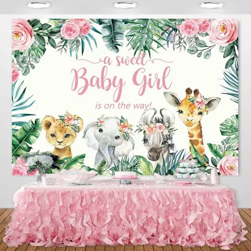 Miniatura 4 de Telón de fondo de safari para baby shower, decoración de fiesta de animales de safari en la selva para bebé, fondo de fotografía vegetal, 5 x 3 pies
