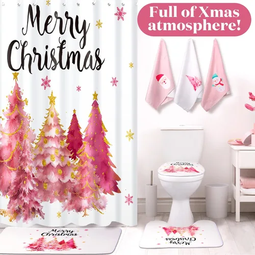 Miniatura 6 de Newwiee Juego de 7 Piezas de Cortina de Ducha Feliz Navidad, Juego de Cortina de Ducha de Árbol de Navidad Temática Bohemia, Decoración Navideña