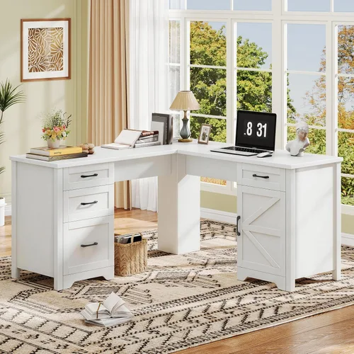 Miniatura 12 de Vabches Escritorio rústico en forma de L de 68 pulgadas de alto con gabinete, mesa de oficina con 3 cajones y puertas correderas, escritorio