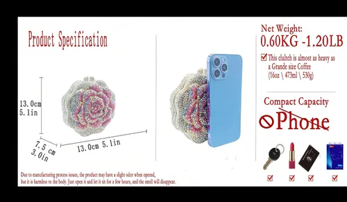 Miniatura 3 de Boutique De FGG Bolso de mano de cristal rosa para mujer, bolso de noche con flores, para boda, fiesta, graduación, novia, con diamantes
