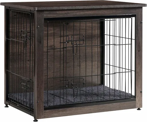 DWANTON Mueble de jaula para perros con cojín, mesa de madera para perros con puertas dobles, casa de perro de interior, tamaño pequeño, mediano,