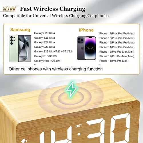 Miniatura 4 de URAYCO Reloj despertador digital de madera con cargador inalámbrico rápido de 10W, puertos de carga USB, DST, atenuable, modo repetición, pantalla
