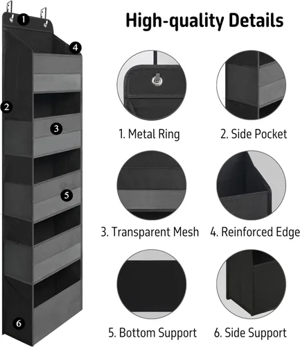 Miniatura 3 de TYMENSH Organizador para colgar sobre puerta con 5 bolsillos grandes, organizador de almacenamiento resistente para colgar, armario, baño, Negro