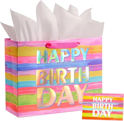 Miniatura 16 de SUNCOLOR Paquete de 2 bolsas de regalo grandes de 13 pulgadas con papel de seda para él, feliz cumpleaños, bolsas de papel ecológicas con asas