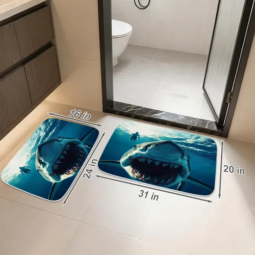 Miniatura 2 de Divertidas alfombras de baño de terciopelo coral con mandíbulas náuticas subacuáticas con diseño de tiburón y playa, antideslizantes, juego de Azul