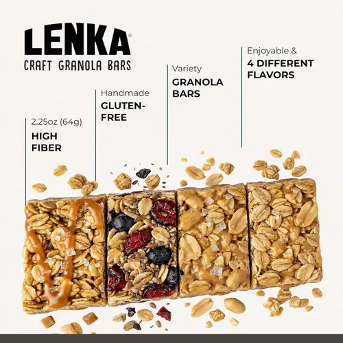 Miniatura 4 de Lenka Discovery - Paquete de 12 bocadillos de granola con alto contenido de fibra, caramelo salado, bayas omega, vainilla expreso, mantequilla