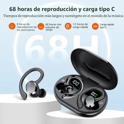 Miniatura 6 de sprtoybat Auriculares sobre la oreja con gancho, auriculares inalámbricos deportivos Bluetooth 5.4 2026, pantalla LED de 68 horas de reproducción