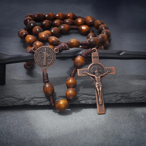Miniatura 4 de KOMI Rosarios católicos de madera hechos a mano, collar de cuentas de rosario de madera de Belén, medalla de suelo santo y cruz de metal para regalo