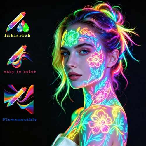 Miniatura 4 de 12 piezas de pintura corporal que brilla en la oscuridad, kit de maquillaje con luz negra UV para adultos, pinturas fluorescentes no tóxicas