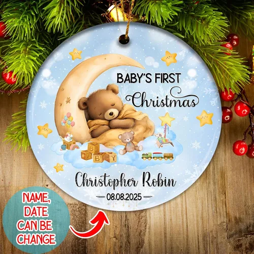 Miniatura 2 de Adorno personalizado para la primera Navidad del bebé 2025 con nombre personalizado, lindo oso en la luna, adornos redondos, regalo de primer