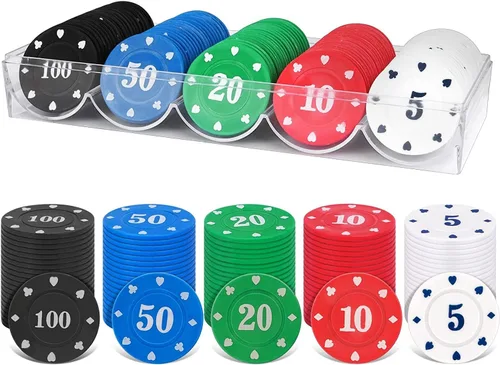 100 fichas de póquer con caja de almacenamiento, fichas de tarjetas de póquer de plástico con denominación número impreso para Texas Home Game