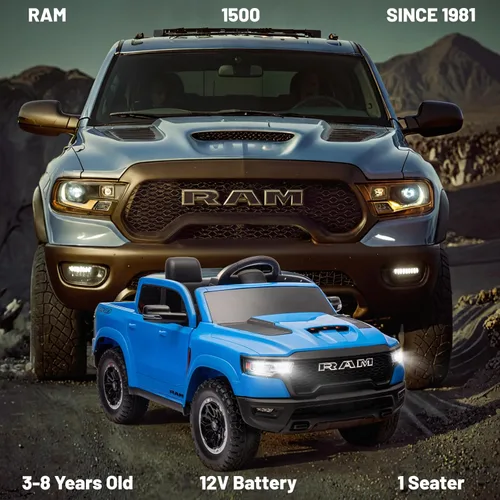 Miniatura 2 de YOFE Ram 1500 RHO - Auto de paseo para niños, camión eléctrico de 12 V con control remoto, auto de juguete para niños con ventanas elevadas, Azul