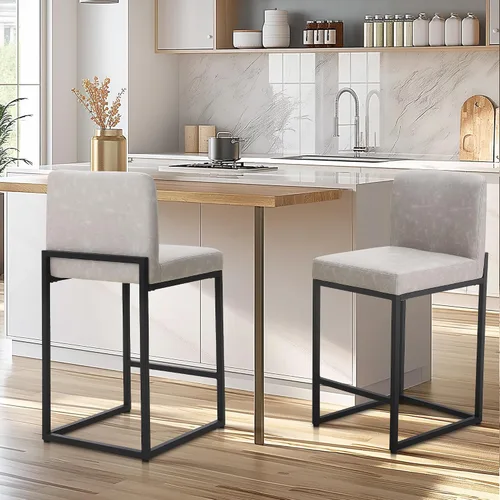 Miniatura 29 de Juego de 2 taburetes de bar de altura de mostrador de color blanco cremoso de 24 pulgadas, modernos taburetes de bar dorados con respaldo tapizado
