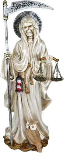 Miniatura 4 de Ebros Gift Figura de Santa Muerte de pie con guadaña y escalas de justicia con búho sabio de 10.25 pulgadas de alto, hueso de la muerte sagrada