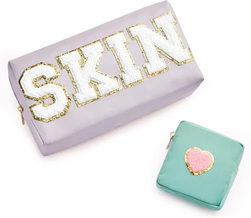 Miniatura 11 de Bolsa con letras de chenilla para viajes, A-Verde menta, Bolsa de maquillaje transparente a
