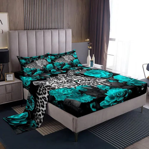 Miniatura 32 de Erosebridal Sábanas de cama de guepardo con rosa roja, juego de sábanas de bolsillo profundo con estampado de leopardo y gato, sábana bajera