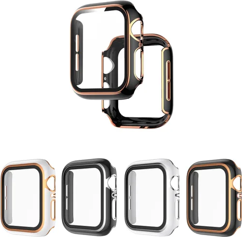 Paquete de 4 fundas compatibles con Apple Watch de 1.614 pulgadas Series 7, protector de pantalla integrado de vidrio templado ultrafino, cobertura