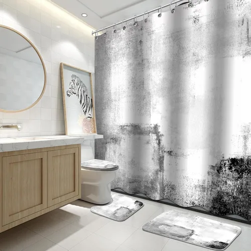 Miniatura 25 de Lnond 4 Piezas Juegos de Cortinas de Ducha de Baño Moradas con Alfombras, Arte de Pintura Púrpura y Gris Juegos de Baño con Cortina de Ducha