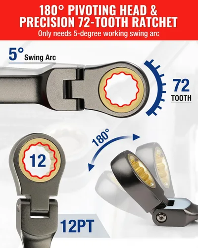 Miniatura 4 de WORKPRO Juego de llaves combinadas de trinquete de cabeza flexible de 8 piezas, SAE 5/16-3/4 pulgadas, 72 dientes, construcción CR-V, niquelado