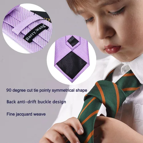 Miniatura 277 de Barry.Wang Corbata de niño regular seda tejida rayas sólido lazo bolsillo cuadrado