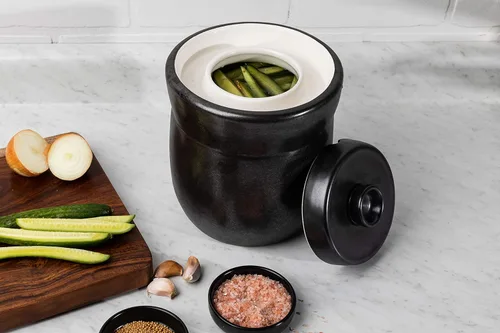Miniatura 4 de TOMO Crock de fermentación con pesas 3L – Cerámica chucrut decapado Crock – Cerámica de Cerámica Kombucha Brewing – 3 litros (1 galón), peltre