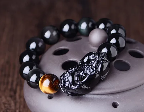 Miniatura 2 de Pulsera de obsidiana negra, pulsera de obsidiana negra Feng Shui para mujeres y hombres, pulsera elástica de obsidiana con piedra de ojo de tigre