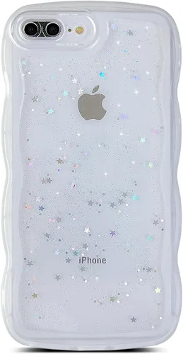Miniatura 129 de Qokey Funda para iPhone 12 Pro Max de 6.7 pulgadas, diseño de onda rizada, borde transparente, brillante con purpurina, estrella brillante, bonita
