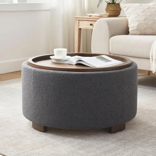 Miniatura 13 de Zihanhome Mesa de Centro Otomana de Almacenamiento Redonda de 30 Pulgadas, Otomana Boucle Moderna con Tapa Desmontable y Patas de Madera Maciza