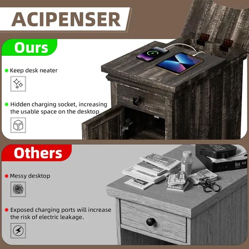 Miniatura 7 de Mesa auxiliar de granja con estación de carga, mesita de noche de madera rústica con puertos USB y tomas, cajón de almacenamiento y gabinete, mesa