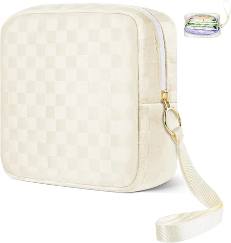 Miniatura 18 de Likesing Mini bolsa de maquillaje de 5.3 pulgadas para bolso, pequeña bolsa de maquillaje a cuadros para cosméticos de viaje para mujeres y niñas