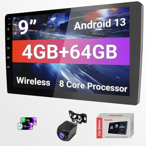 Haudio Estéreo de auto doble DIN Android 13 - Pantalla táctil HD de 9 pulgadas con CarPlay inalámbrico y DSP de 14 bandas, 50 W × 4 Hi-Fi, doble