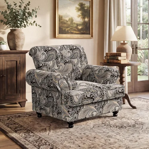 Miniatura 6 de Silla decorativa moderna, sillón tapizado de felpilla con patas de madera maciza, diseño floral para sala de estar, dormitorio, sala de lectura