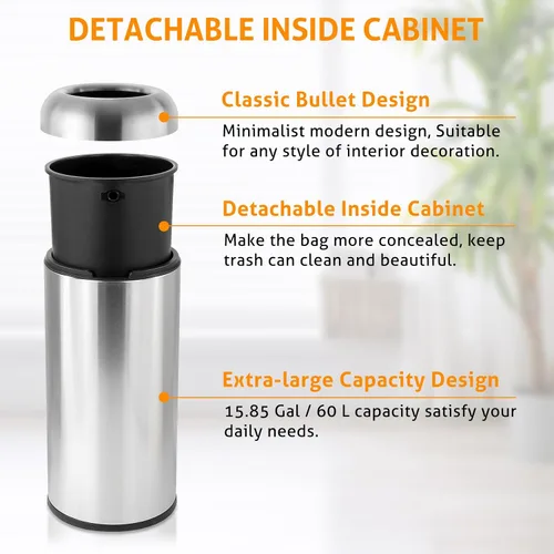Miniatura 2 de WICHEMI - Cubo de basura comercial grande de 16 galones, cubo de basura para exteriores con tapa superior abierta para patio, cubo de basura
