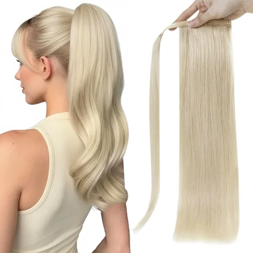 Miniatura 26 de Full Shine - Extensión de cola de caballo con clip, color marrón oscuro con mechas rubio miel, extensión de cabello humano real para mujeres, 14