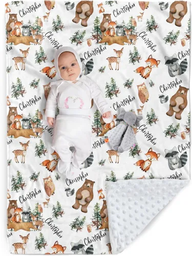 Miniatura 20 de Manta de bebé personalizada, nombre personalizado con diseño de animales del bosque, manta de felpa suave con respaldo punteado de doble capa
