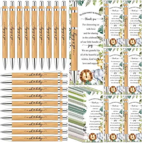 Zhanmai 25 juegos de recuerdos de safari para baby shower, incluye bolígrafos de bambú y tarjetas de agradecimiento, bridas plateadas, selva,