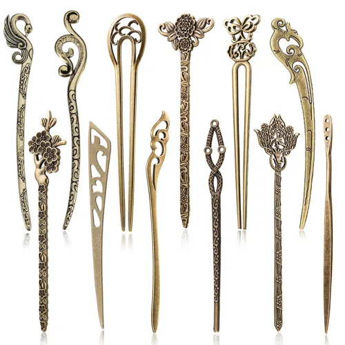 AUHOKY - 12 palillos para el cabello de mujer china, 12 estilos vintage de bronce decorativo, horquillas de pelo retro antiguas para el cabello,