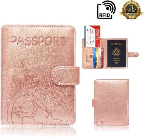 Miniatura 5 de Talent - Funda para pasaporte, de piel sintética, con bloqueo RFID, para pasaporte, cartera de viaje, Oro rosa, mapa, Cartera RFID