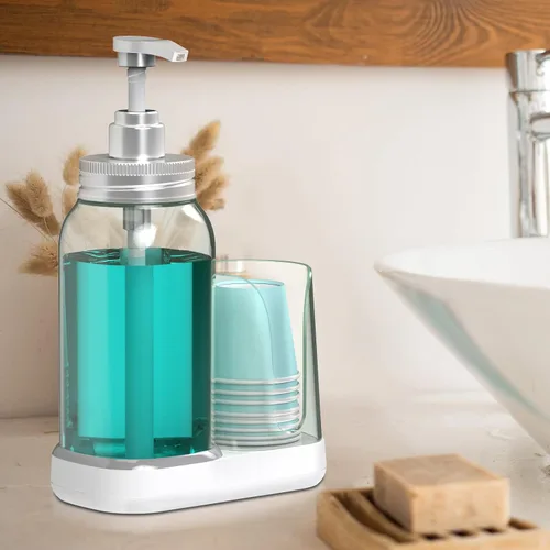 Miniatura 8 de Dispensador de enjuague bucal Luvan para baño, botella de bomba de enjuague bucal de 25 oz con portavasos, recipiente de enjuague bucal transparente