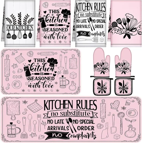 Miniatura 10 de Fourluoo Juego de 10 piezas de decoración y accesorios de cocina de granja, 4 toallas de cocina, 2 soportes para ollas, 2 guantes de horno, 2 Verde