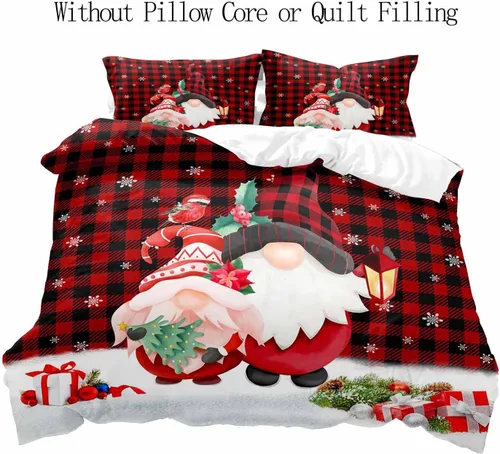Miniatura 2 de LUVIVIHOME Juego de 3 Piezas de Funda de Edredón de Navidad Tamaño Queen, Juegos de Ropa de Cama, Funda de Edredón a Cuadros Búfalo Negro y Rojo