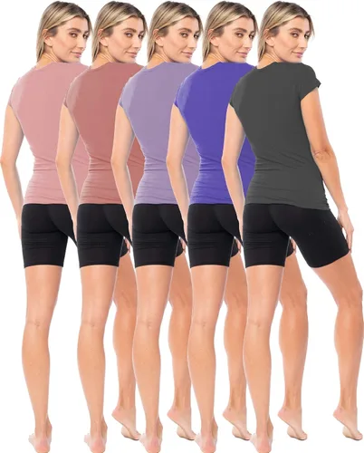 Miniatura 2 de Sexy Basics Paquete de 5 y 10 camisas de manga corta con cuello en V elástico de algodón casual y activo para mujer