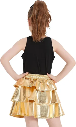 Miniatura 5 de techcity Falda metálica brillante de 3 capas con volantes para niñas, ropa de disfraz de fiesta de baile para niñas de 4 a 13 años con gafas