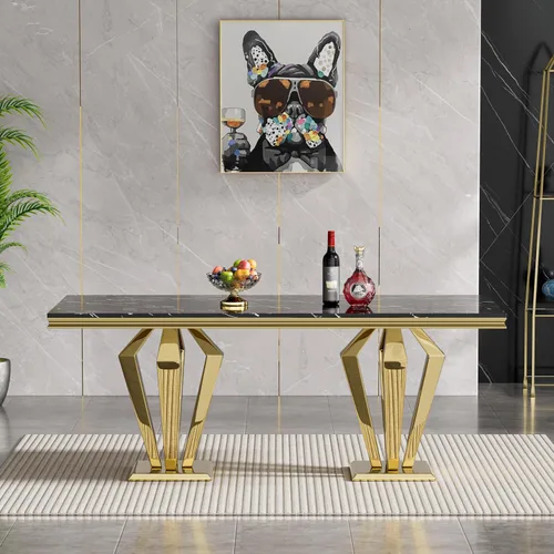 Miniatura 2 de Mesa de comedor de mármol negro para 4, 6, 70 pulgadas, moderna mesa de comedor de cocina dorada con base de acero inoxidable con diseño