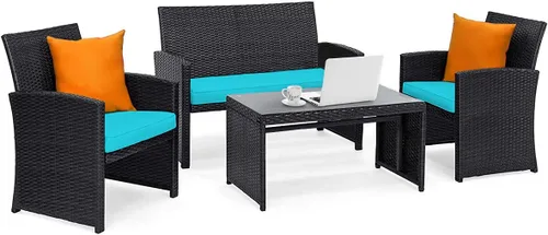 Tangkula Juego de muebles de mimbre para patio de 4 piezas, juego de sofá y mesa Patiojoy con 4 asientos, juego de sofá de ratán al aire libre para