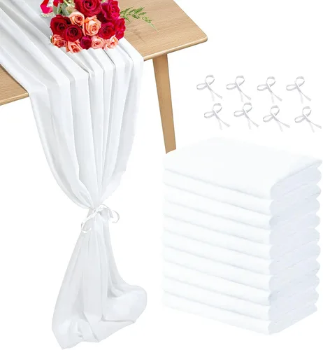 Paquete de 10 caminos de mesa de boda de 10 pies de 29 x 120 pulgadas de gasa blanca para decoración romántica de despedida de soltera, fiesta de
